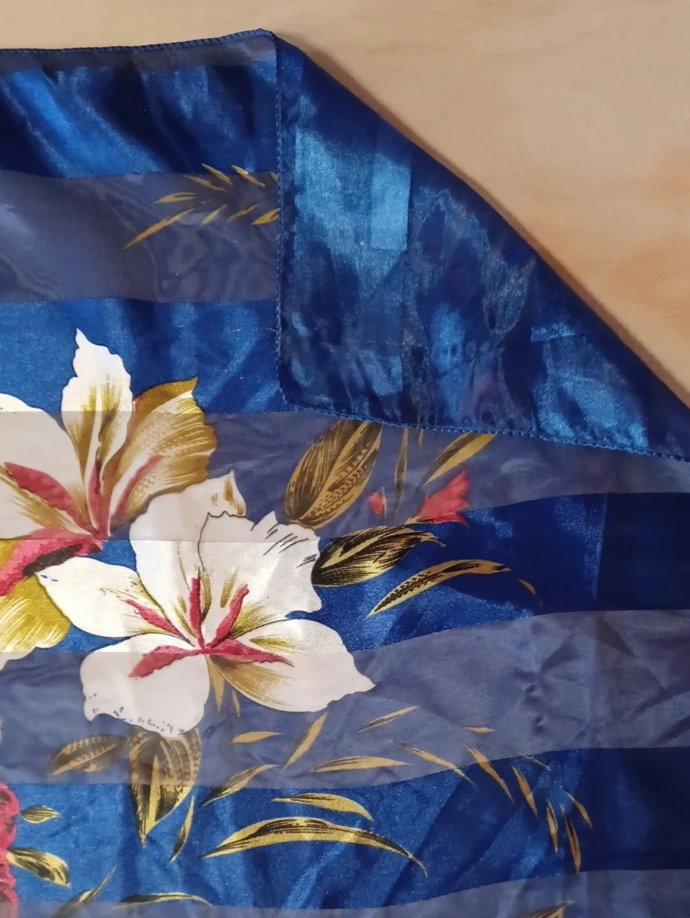 Vintage Floral Striped Square Scarf Blue Chiffon Satin 39×39 Grandma-Core